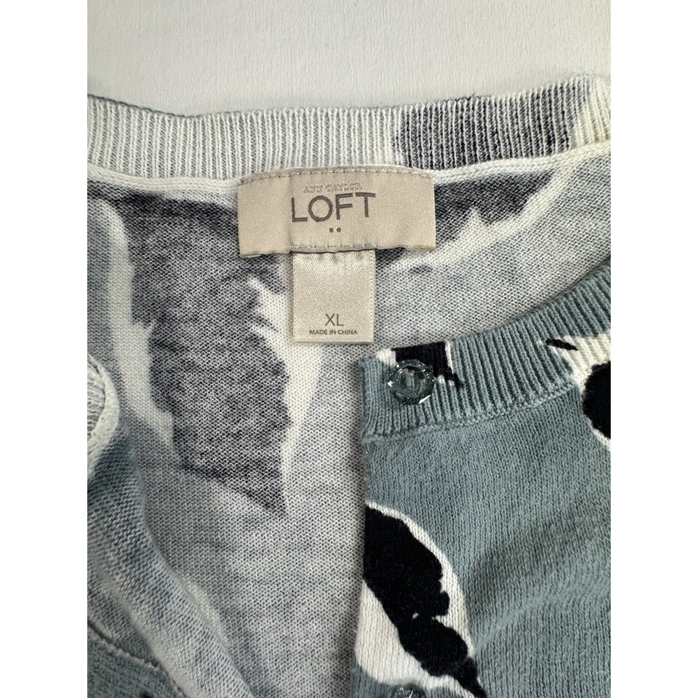 LOFT Women's XL Cotton Knit Cardigan Sweater Crew Neck Long Sleeve Leaf Print - Picture 5 of 10